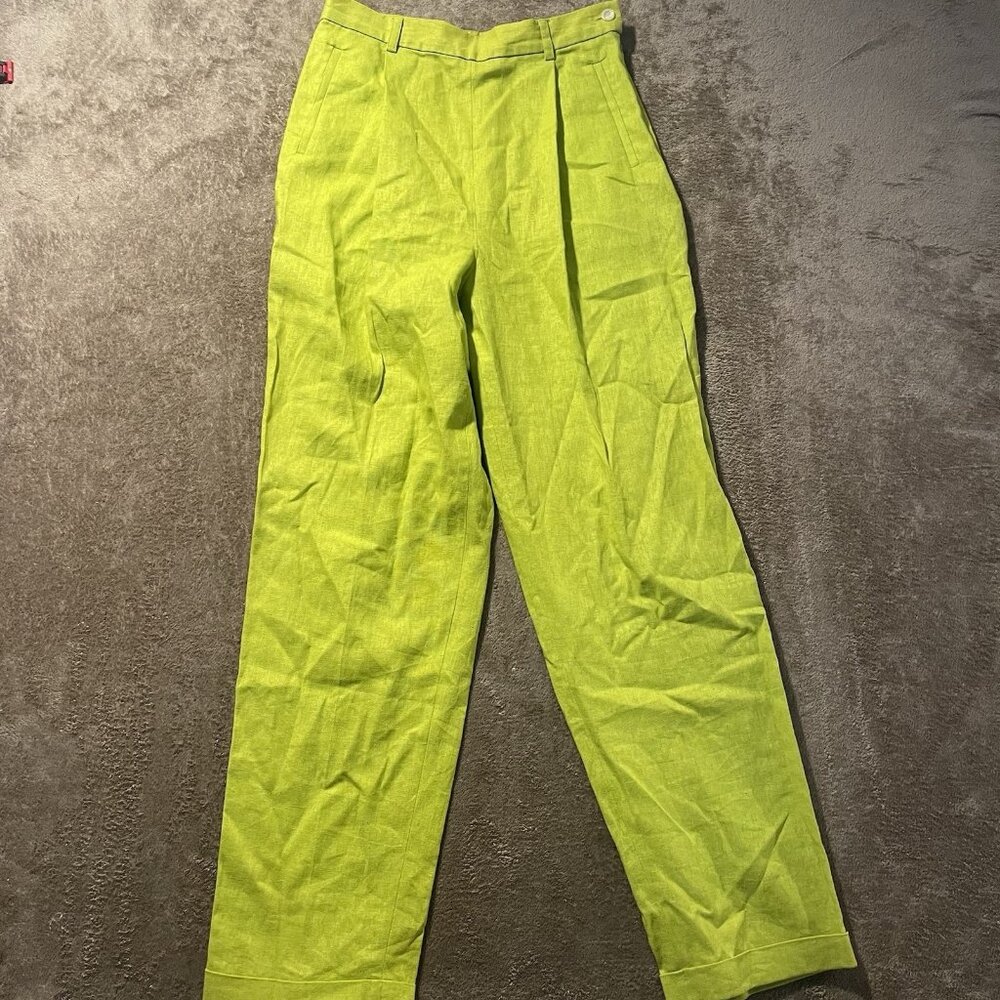 J. London Pants Womens 10 Linen Acid Green High Rise Trousers Modest Career